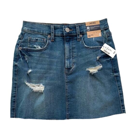 Aeropostale Jean Skirt AERO High Rise Distressed Denim Raw Hem Mini Size 2 NEW - Picture 2 of 11
